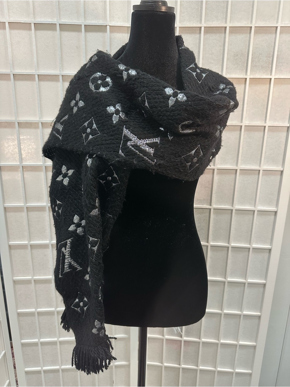 Louis Vuitton Black and Silver Logo Wool Blend Scarf Wrap